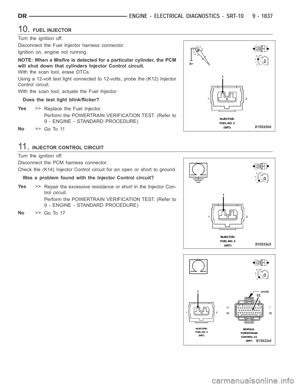 DODGE RAM SRT-10 2006 Service Repair Manual 10.FUEL INJECTOR
Turn the ignition off.
Disconnect the Fuel Injector harness connector.
Ignition on, engine not running.
NOTE: When a Misfire is detected for a particular cylinder, the PCM
will shut d DODGE RAM SRT-10 2006 Service Repair Manual 10.FUEL INJECTOR
Turn the ignition off.
Disconnect the Fuel Injector harness connector.
Ignition on, engine not running.
NOTE: When a Misfire is detected for a particular cylinder, the PCM
will shut d