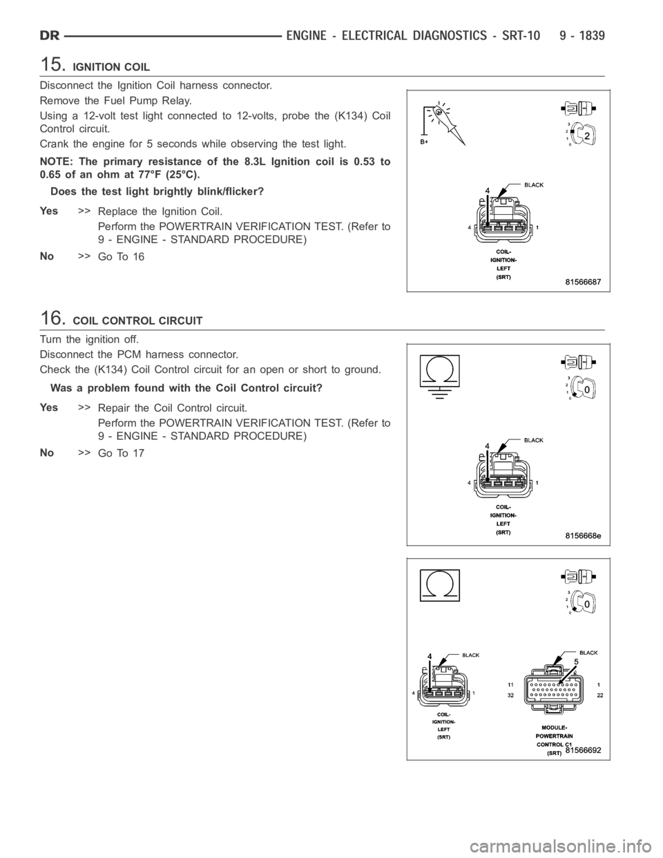 DODGE RAM SRT-10 2006 Service Repair Manual 15.IGNITION COIL
Disconnect the Ignition Coil harness connector.
Remove the Fuel Pump Relay.
Using a 12-volt test light connected to 12-volts, probe the (K134) Coil
Control circuit.
Crank the engine f DODGE RAM SRT-10 2006 Service Repair Manual 15.IGNITION COIL
Disconnect the Ignition Coil harness connector.
Remove the Fuel Pump Relay.
Using a 12-volt test light connected to 12-volts, probe the (K134) Coil
Control circuit.
Crank the engine f