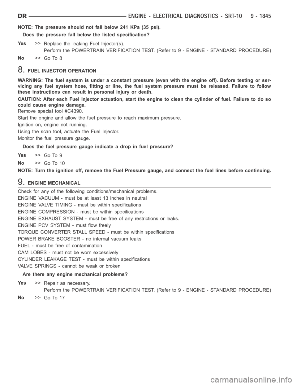 DODGE RAM SRT-10 2006 Service Repair Manual NOTE: The pressure should not fall below 241 KPa (35 psi).
Does the pressure fall below the listed specification?
Ye s>>
Replace the leaking Fuel Injector(s).
Perform the POWERTRAIN VERIFICATION TEST. DODGE RAM SRT-10 2006 Service Repair Manual NOTE: The pressure should not fall below 241 KPa (35 psi).
Does the pressure fall below the listed specification?
Ye s>>
Replace the leaking Fuel Injector(s).
Perform the POWERTRAIN VERIFICATION TEST.