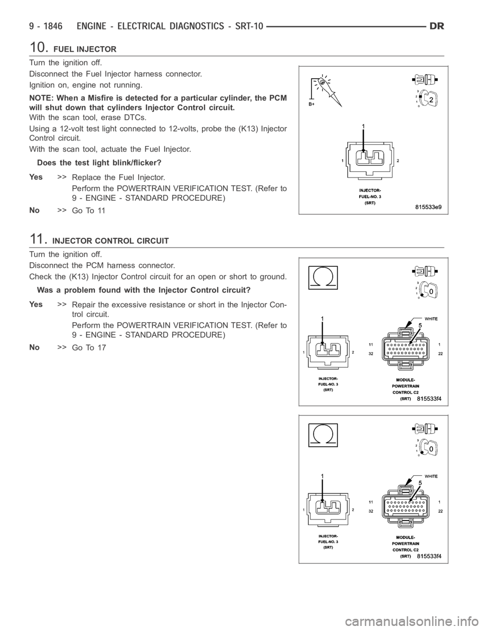 DODGE RAM SRT-10 2006 Service Repair Manual 10.FUEL INJECTOR
Turn the ignition off.
Disconnect the Fuel Injector harness connector.
Ignition on, engine not running.
NOTE: When a Misfire is detected for a particular cylinder, the PCM
will shut d DODGE RAM SRT-10 2006 Service Repair Manual 10.FUEL INJECTOR
Turn the ignition off.
Disconnect the Fuel Injector harness connector.
Ignition on, engine not running.
NOTE: When a Misfire is detected for a particular cylinder, the PCM
will shut d