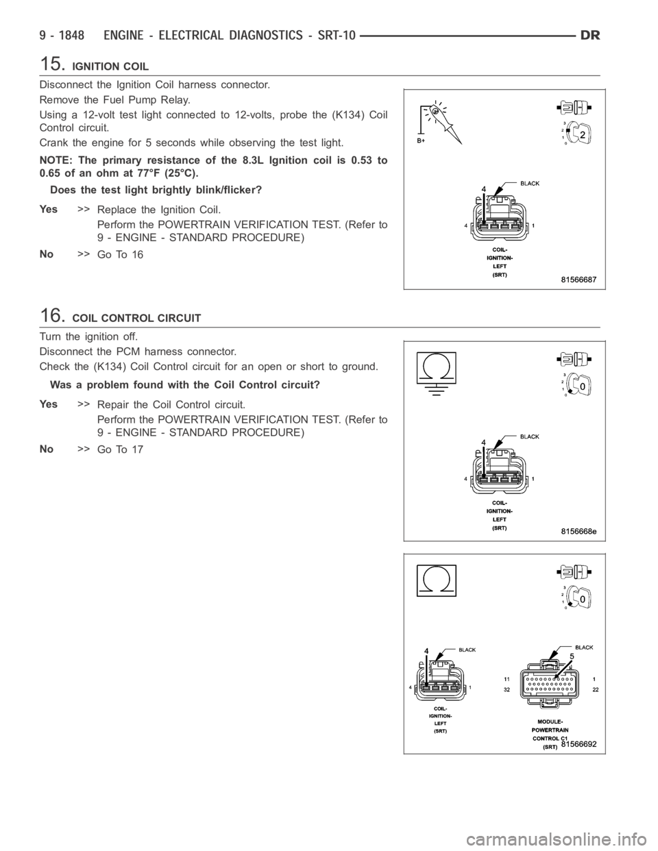 DODGE RAM SRT-10 2006 Service Repair Manual 15.IGNITION COIL
Disconnect the Ignition Coil harness connector.
Remove the Fuel Pump Relay.
Using a 12-volt test light connected to 12-volts, probe the (K134) Coil
Control circuit.
Crank the engine f DODGE RAM SRT-10 2006 Service Repair Manual 15.IGNITION COIL
Disconnect the Ignition Coil harness connector.
Remove the Fuel Pump Relay.
Using a 12-volt test light connected to 12-volts, probe the (K134) Coil
Control circuit.
Crank the engine f