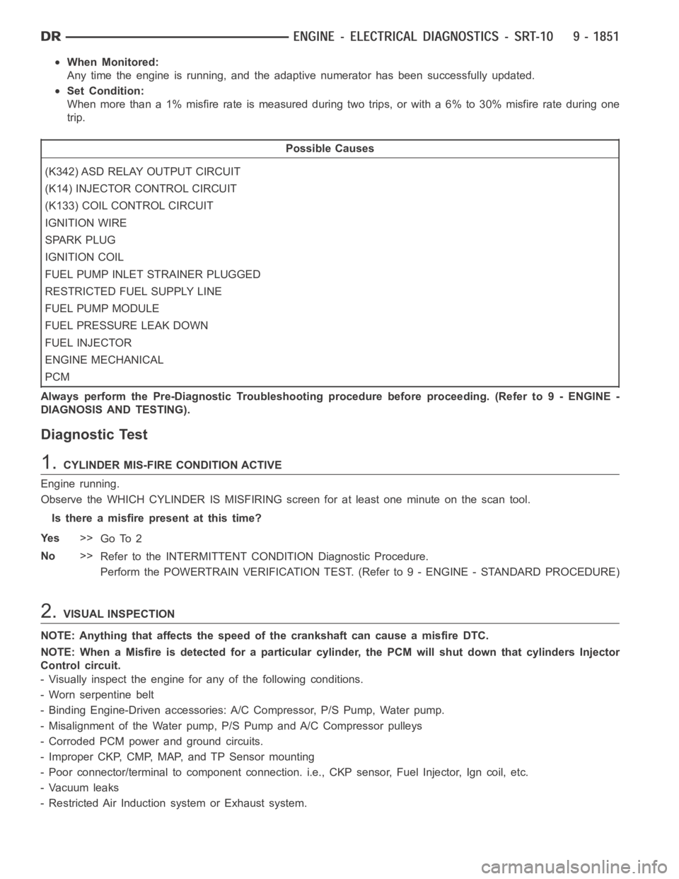 DODGE RAM SRT-10 2006 Service Repair Manual When Monitored:
Any time the engine is running, and the adaptive numerator has been successfully updated.
Set Condition:
When more than a 1% misfire rate is measured during two trips, or with a 6% to DODGE RAM SRT-10 2006 Service Repair Manual When Monitored:
Any time the engine is running, and the adaptive numerator has been successfully updated.
Set Condition:
When more than a 1% misfire rate is measured during two trips, or with a 6% to