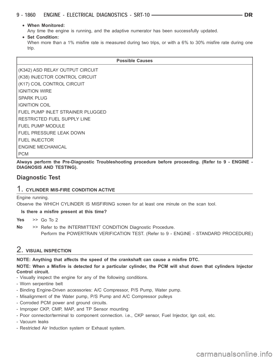 DODGE RAM SRT-10 2006 Service Repair Manual When Monitored:
Any time the engine is running, and the adaptive numerator has been successfully updated.
Set Condition:
When more than a 1% misfire rate is measured during two trips, or with a 6% to DODGE RAM SRT-10 2006 Service Repair Manual When Monitored:
Any time the engine is running, and the adaptive numerator has been successfully updated.
Set Condition:
When more than a 1% misfire rate is measured during two trips, or with a 6% to