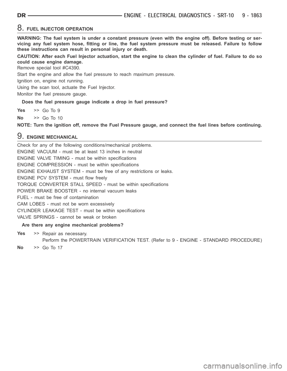 DODGE RAM SRT-10 2006 Service Repair Manual 8.FUEL INJECTOR OPERATION
WARNING: The fuel system is under a constant pressure (even with the engineoff). Before testing or ser-
vicing any fuel system hose, fitting or line, the fuel system pressure DODGE RAM SRT-10 2006 Service Repair Manual 8.FUEL INJECTOR OPERATION
WARNING: The fuel system is under a constant pressure (even with the engineoff). Before testing or ser-
vicing any fuel system hose, fitting or line, the fuel system pressure