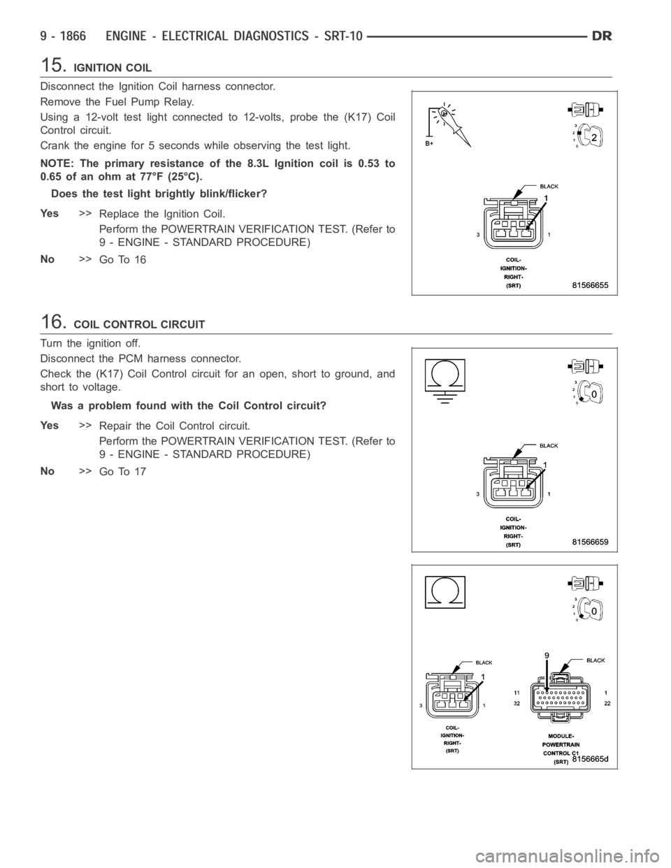 DODGE RAM SRT-10 2006 Service Repair Manual 15.IGNITION COIL
Disconnect the Ignition Coil harness connector.
Remove the Fuel Pump Relay.
Using a 12-volt test light connected to 12-volts, probe the (K17) Coil
Control circuit.
Crank the engine fo DODGE RAM SRT-10 2006 Service Repair Manual 15.IGNITION COIL
Disconnect the Ignition Coil harness connector.
Remove the Fuel Pump Relay.
Using a 12-volt test light connected to 12-volts, probe the (K17) Coil
Control circuit.
Crank the engine fo