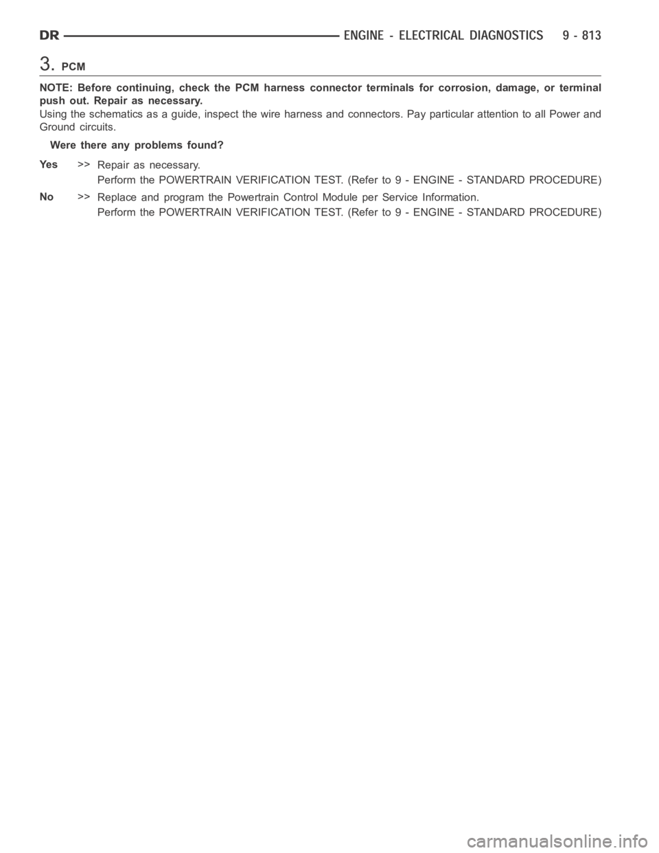 DODGE RAM SRT-10 2006  Service Service Manual 3.PCM
NOTE: Before continuing, check the PCM harness connector terminals for corrosion, damage, or terminal
push out. Repair as necessary.
Using the schematics as a guide, inspect the wire harness and