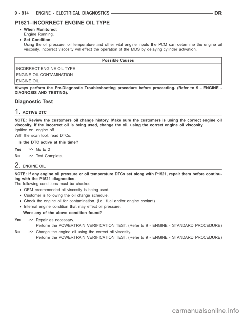 DODGE RAM SRT-10 2006  Service Repair Manual P1521–INCORRECT ENGINE OIL TYPE
When Monitored:
Engine Running.
Set Condition:
Using the oil pressure, oil temperature and other vital engine inputs the PCM can determine the engine oil
viscosity. I