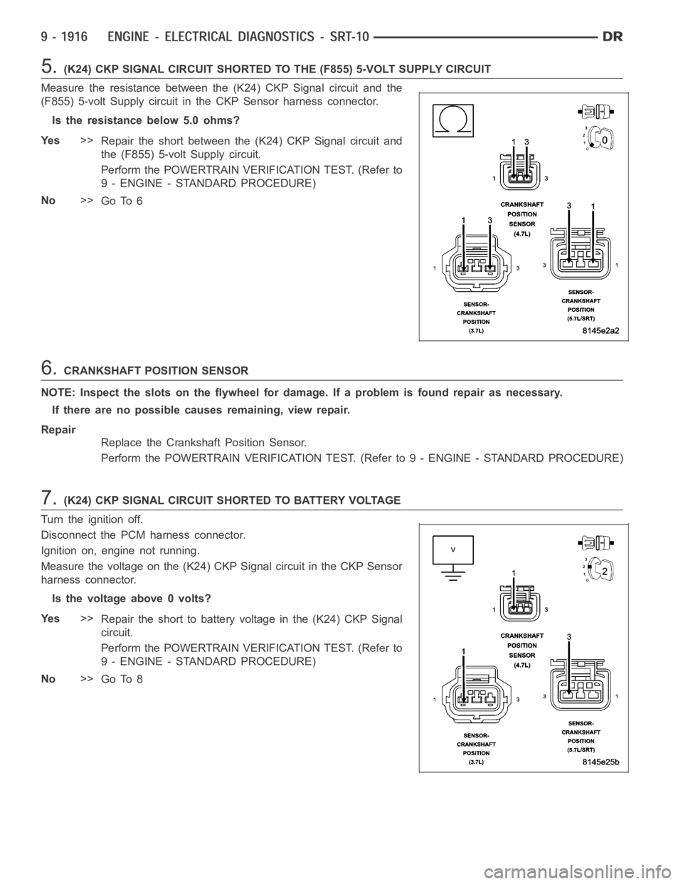 DODGE RAM SRT-10 2006  Service Repair Manual 5.(K24) CKP SIGNAL CIRCUIT SHORTED TO THE (F855) 5-VOLT SUPPLY CIRCUIT
Measure the resistance between the (K24) CKP Signal circuit and the
(F855) 5-volt Supply circuit in the CKP Sensor harness connec