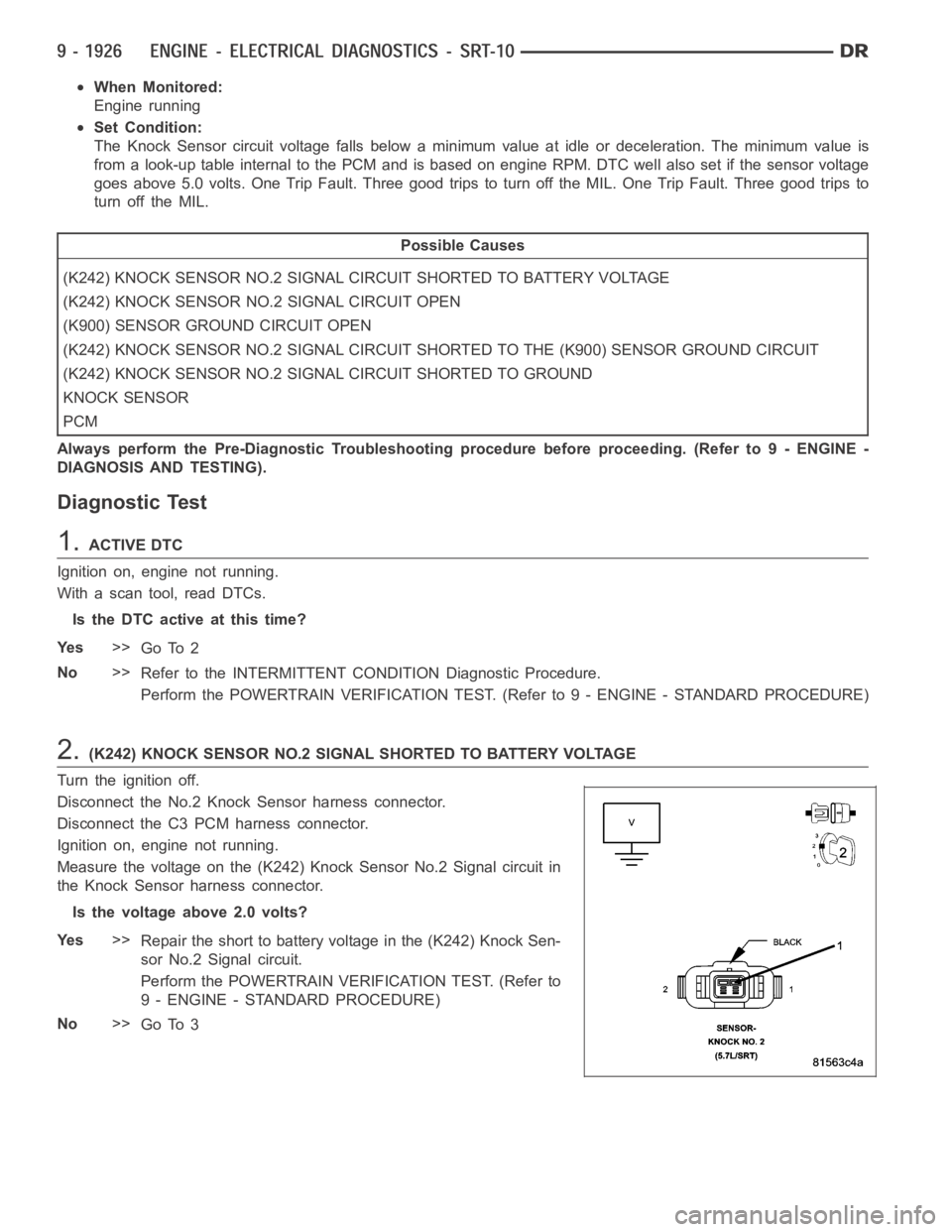 DODGE RAM SRT-10 2006  Service Repair Manual When Monitored:
Engine running
Set Condition:
The Knock Sensor circuit voltage falls below a minimum value at idle or deceleration. The minimum value is
from a look-up table internal to the PCM and is