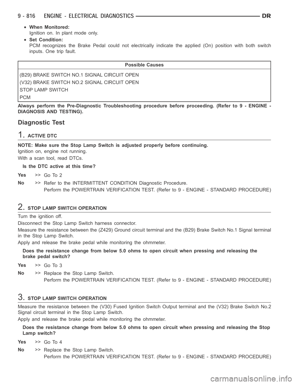 DODGE RAM SRT-10 2006  Service Repair Manual When Monitored:
Ignition on. In plant mode only.
Set Condition:
PCM recognizes the Brake Pedal couldnot electrically indicate the applied (On) position with both switch
inputs. One trip fault.
Possibl