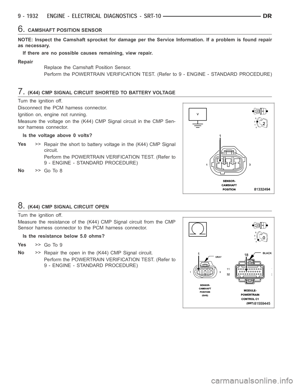 DODGE RAM SRT-10 2006  Service Repair Manual 6.CAMSHAFT POSITION SENSOR
NOTE: Inspect the Camshaft sprocket for damage per the Service Information. If a problem is found repair
as necessary.
If there are no possible causes remaining, view repair