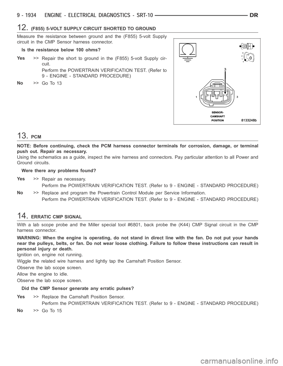 DODGE RAM SRT-10 2006  Service Repair Manual 12.(F855) 5-VOLT SUPPLY CIRCUIT SHORTED TO GROUND
Measure the resistance between ground and the (F855) 5-volt Supply
circuit in the CMP Sensor harness connector.
Istheresistancebelow100ohms?
Ye s>>
Re