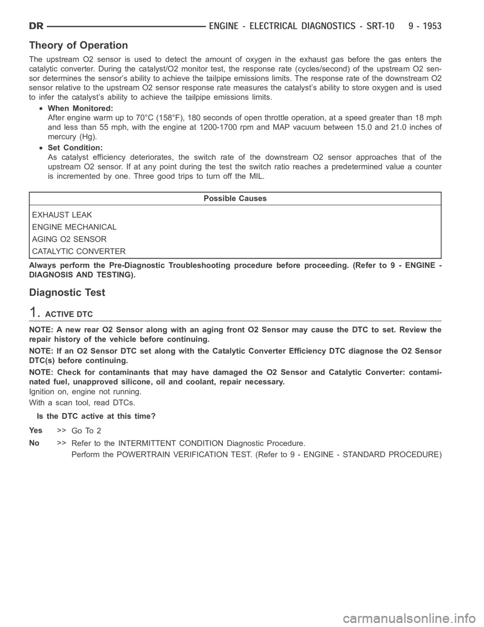 DODGE RAM SRT-10 2006  Service Repair Manual Theory of Operation
The upstream O2 sensor is used to detect the amount of oxygen in the exhaust gas before the gas enters the
catalytic converter. During the catalyst/O2 monitor test, the response ra