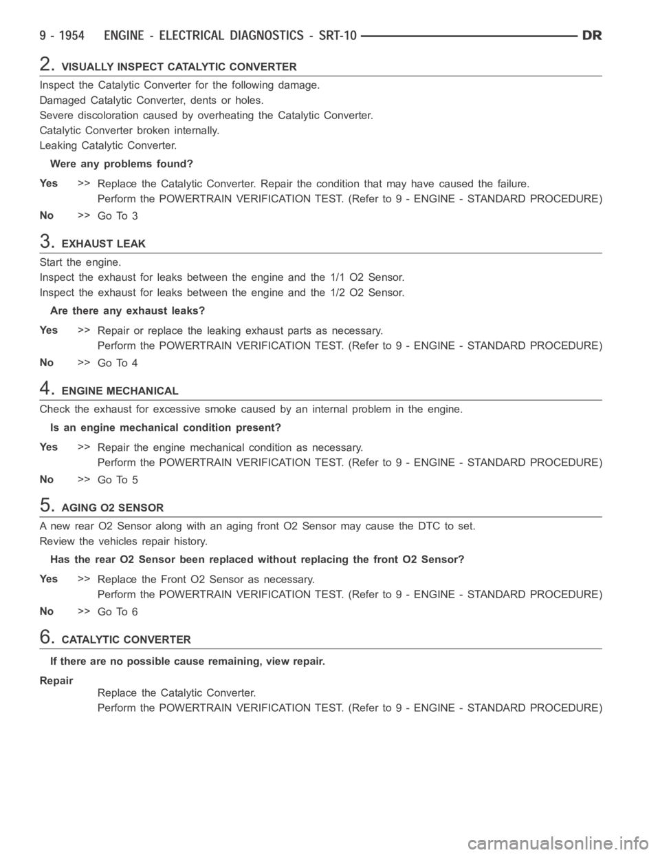 DODGE RAM SRT-10 2006  Service Repair Manual 2.VISUALLY INSPECT CATALYTIC CONVERTER
Inspect the Catalytic Converter for the following damage.
Damaged Catalytic Converter, dents or holes.
Severe discoloration caused by overheating the Catalytic C