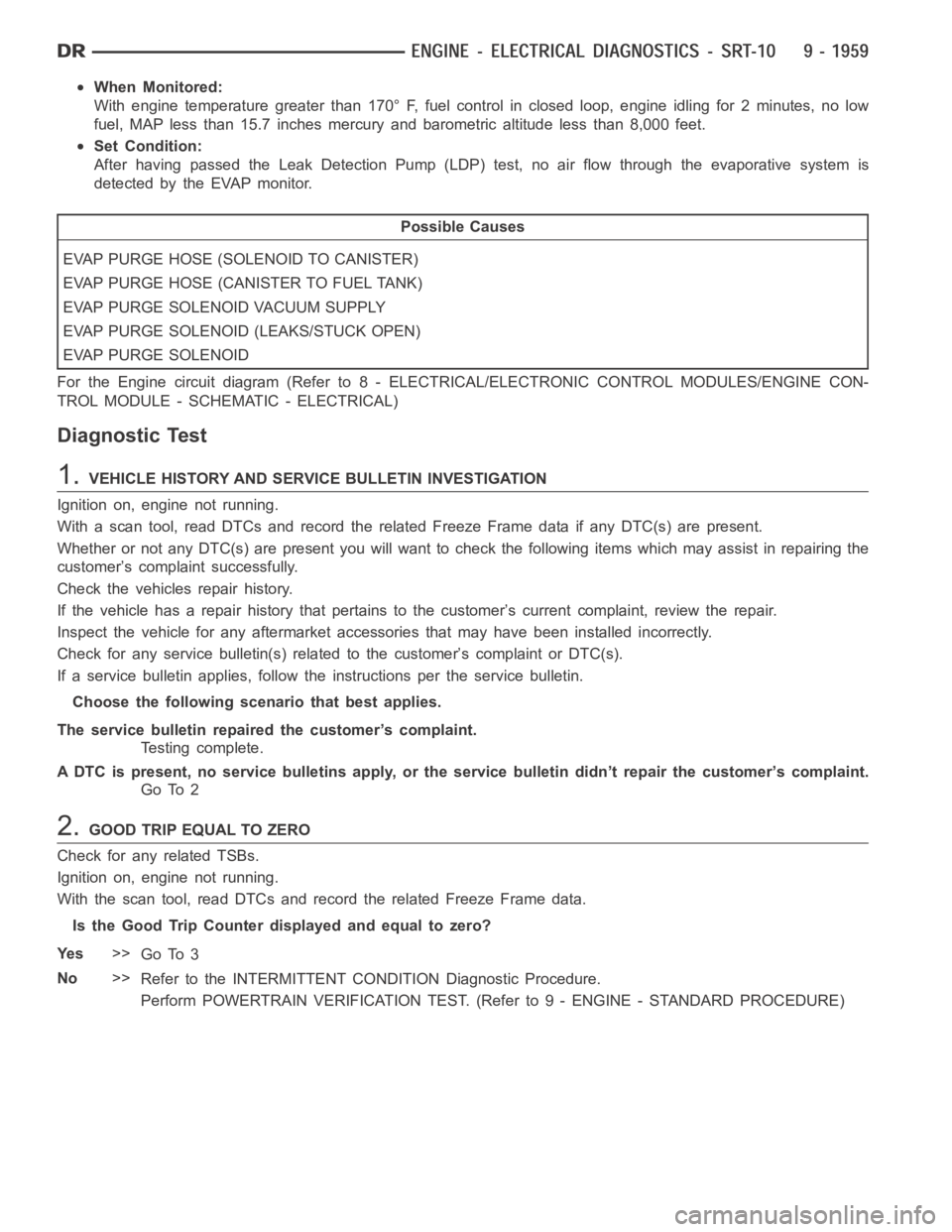 DODGE RAM SRT-10 2006  Service Repair Manual When Monitored:
With engine temperature greater than 170° F, fuel control in closed loop, engine idling for 2 minutes, no low
fuel, MAP less than 15.7 inches mercury and barometric altitude less than