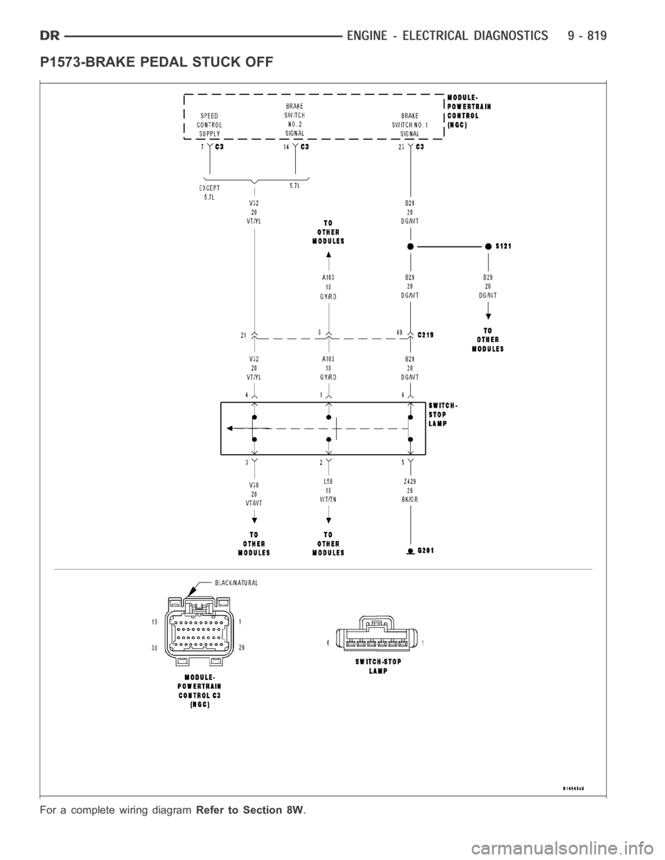 DODGE RAM SRT-10 2006  Service Repair Manual P1573-BRAKE PEDAL STUCK OFF
For a complete wiring diagramRefer to Section 8W. 
