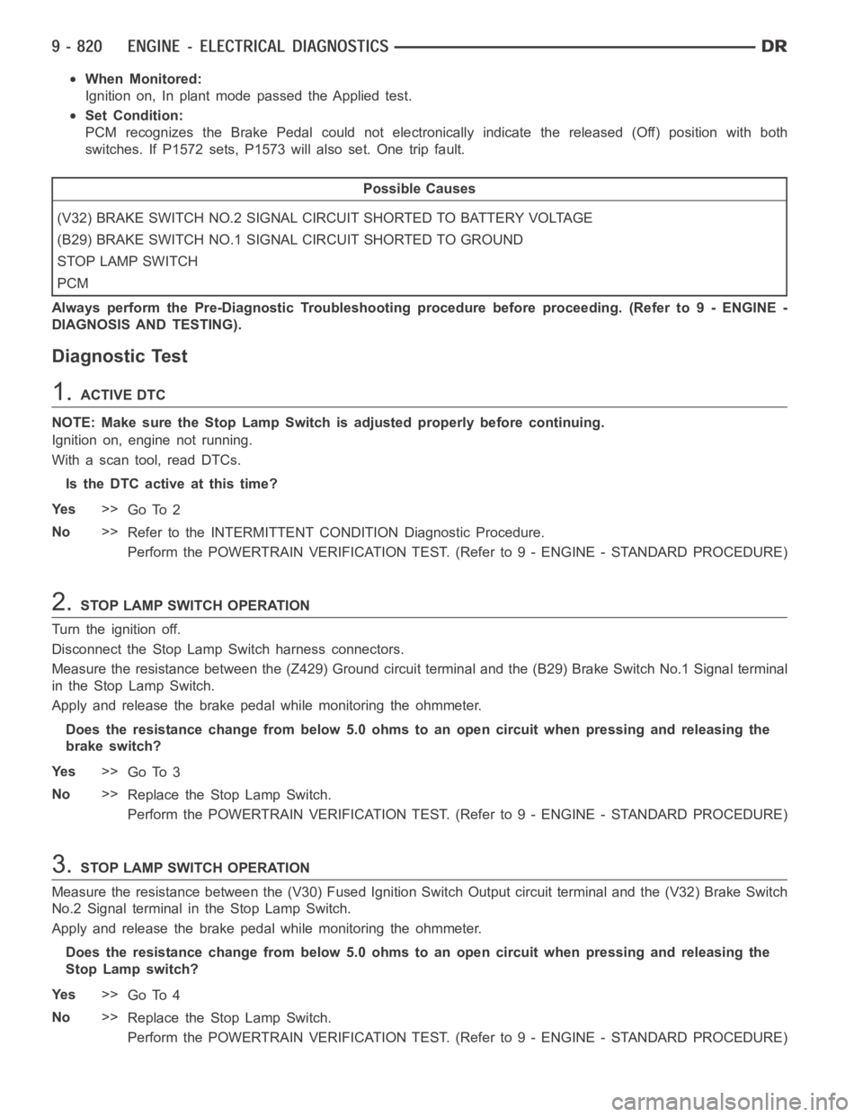 DODGE RAM SRT-10 2006 Service Repair Manual When Monitored:
Ignition on, In plant mode passed the Applied test.
Set Condition:
PCM recognizes the Brake Pedal could not electronically indicate the released (Off) position with both
switches. If P DODGE RAM SRT-10 2006 Service Repair Manual When Monitored:
Ignition on, In plant mode passed the Applied test.
Set Condition:
PCM recognizes the Brake Pedal could not electronically indicate the released (Off) position with both
switches. If P