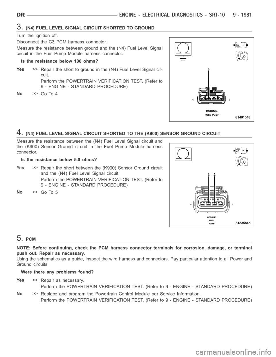 DODGE RAM SRT-10 2006  Service Repair Manual 3.(N4) FUEL LEVEL SIGNAL CIRCUIT SHORTED TO GROUND
Turn the ignition off.
Disconnect the C3 PCM harness connector.
Measure the resistance between ground and the (N4) Fuel Level Signal
circuit in the F