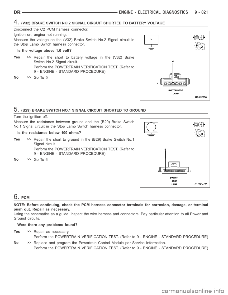 DODGE RAM SRT-10 2006  Service Service Manual 4.(V32) BRAKE SWITCH NO.2 SIGNAL CIRCUIT SHORTED TO BATTERY VOLTAGE
Disconnect the C2 PCM harness connector.
Ignition on, engine not running.
Measure the voltage on the (V32) Brake Switch No.2 Signal 