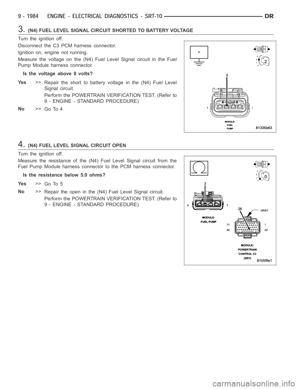 DODGE RAM SRT-10 2006  Service Repair Manual 3.(N4) FUEL LEVEL SIGNAL CIRCUIT SHORTED TO BATTERY VOLTAGE
Turn the ignition off.
Disconnect the C3 PCM harness connector.
Ignition on, engine not running.
Measure the voltage on the (N4) Fuel Level 