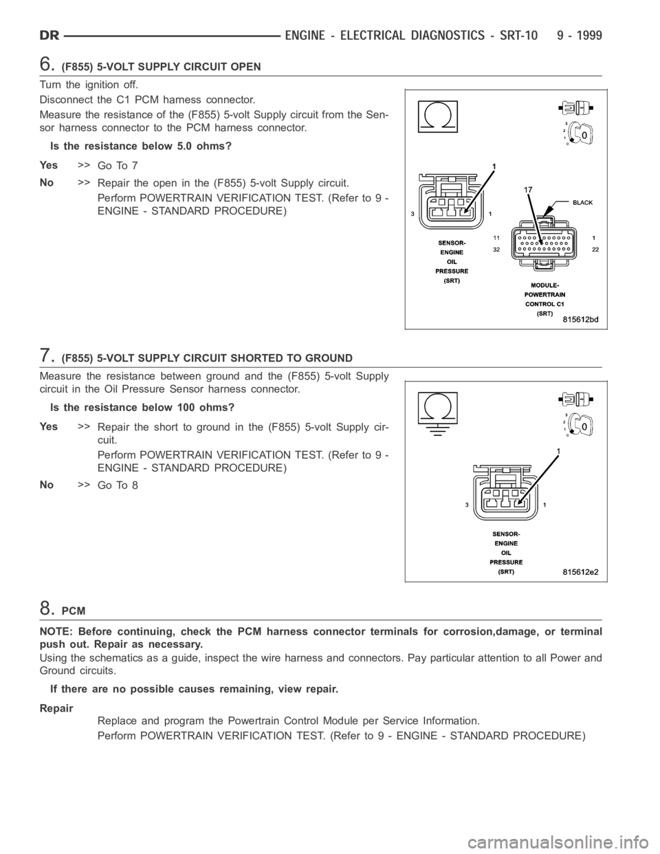 DODGE RAM SRT-10 2006  Service Repair Manual 6.(F855) 5-VOLT SUPPLY CIRCUIT OPEN
Turn the ignition off.
Disconnect the C1 PCM harness connector.
Measure the resistance of the (F855) 5-volt Supply circuit from the Sen-
sor harness connector to th