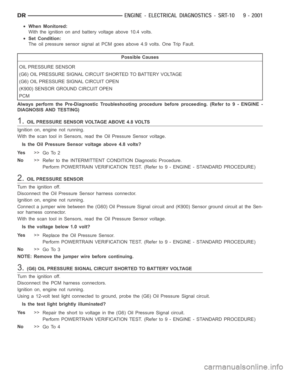 DODGE RAM SRT-10 2006  Service Repair Manual When Monitored:
With the ignition on and battery voltage above 10.4 volts.
Set Condition:
The oil pressure sensor signal at PCM goes above 4.9 volts. One Trip Fault.
Possible Causes
OIL PRESSURE SENSO