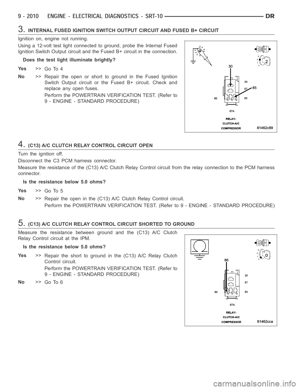 DODGE RAM SRT-10 2006  Service Repair Manual 3.INTERNAL FUSED IGNITION SWITCH OUTPUT CIRCUIT AND FUSED B+ CIRCUIT
Ignition on, engine not running.
Using a 12-volt test light connected to ground, probe the Internal Fused
Ignition Switch Output ci