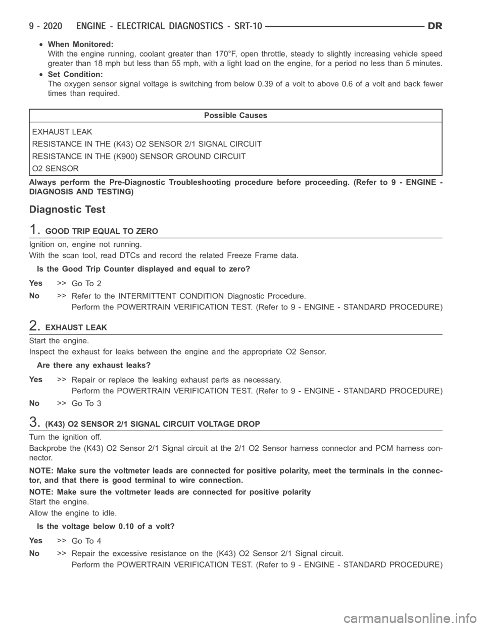 DODGE RAM SRT-10 2006  Service Repair Manual When Monitored:
With the engine running, coolant greater than 170°F, open throttle, steady to slightly increasing vehicle speed
greater than 18 mph but less than 55 mph, with a light load on the engi