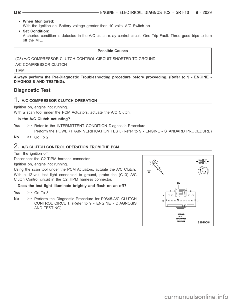 DODGE RAM SRT-10 2006  Service Repair Manual When Monitored:
With the ignition on. Battery voltage greater than 10 volts. A/C Switch on.
Set Condition:
A shorted condition is detected in the A/C clutch relay control circuit. One Trip Fault. Thre