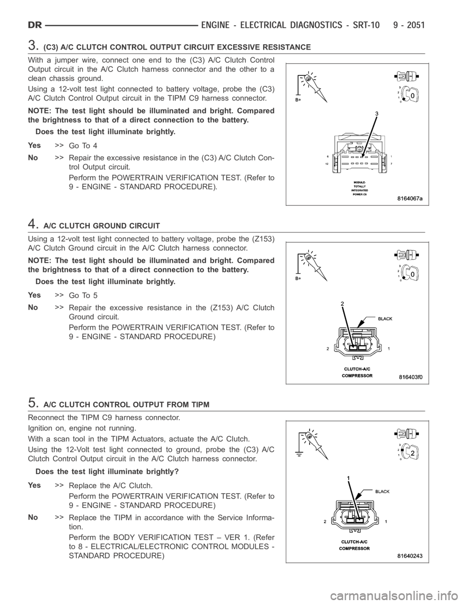 DODGE RAM SRT-10 2006  Service Repair Manual 3.(C3) A/C CLUTCH CONTROL OUTPUT CIRCUIT EXCESSIVE RESISTANCE
With a jumper wire, connect one end to the (C3) A/C Clutch Control
Output circuit in the A/C Clutch harness connector and the other to a
c