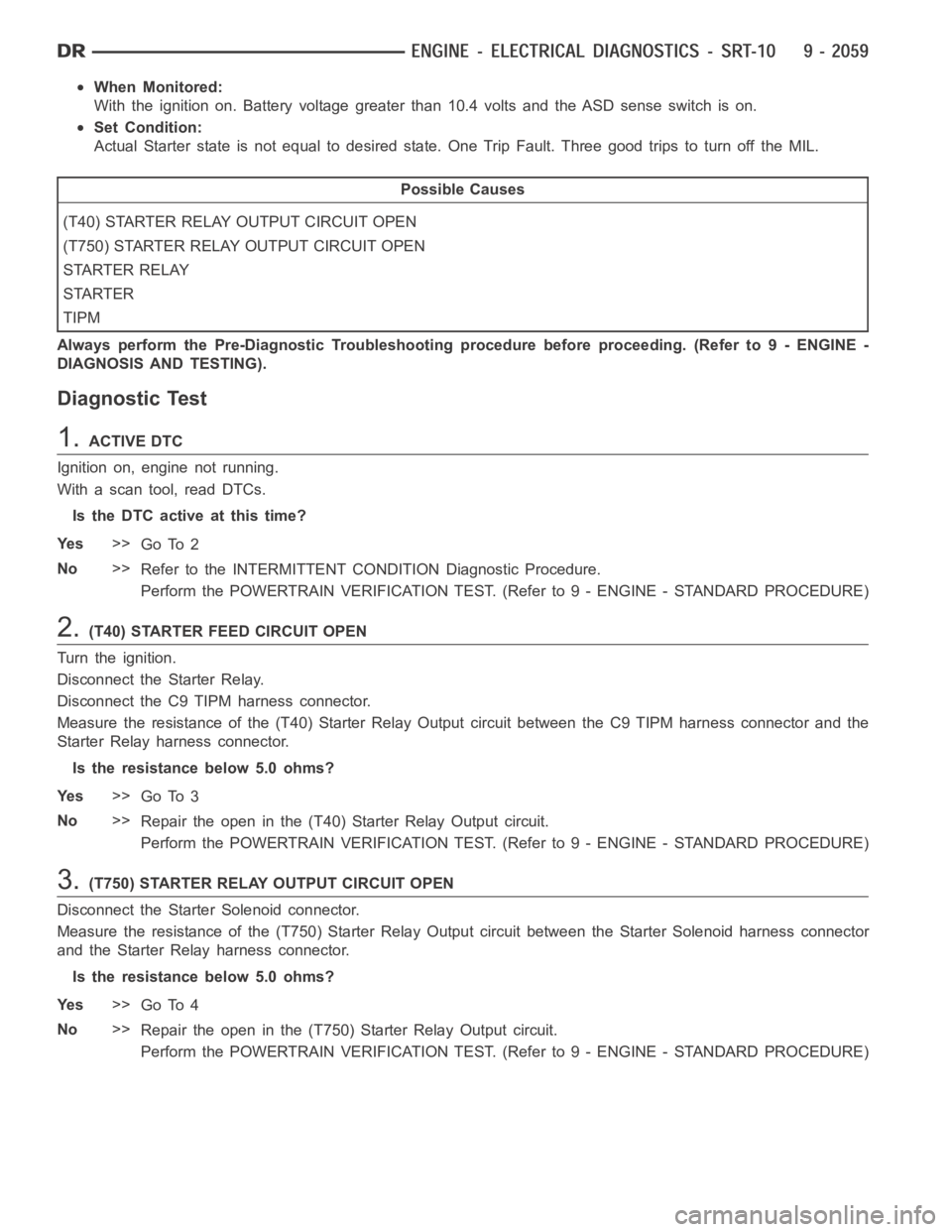 DODGE RAM SRT-10 2006  Service Repair Manual When Monitored:
With the ignition on. Battery voltage greater than 10.4 volts and the ASD sense switch is on.
Set Condition:
Actual Starter state is not equal to desired state. One Trip Fault. Three g