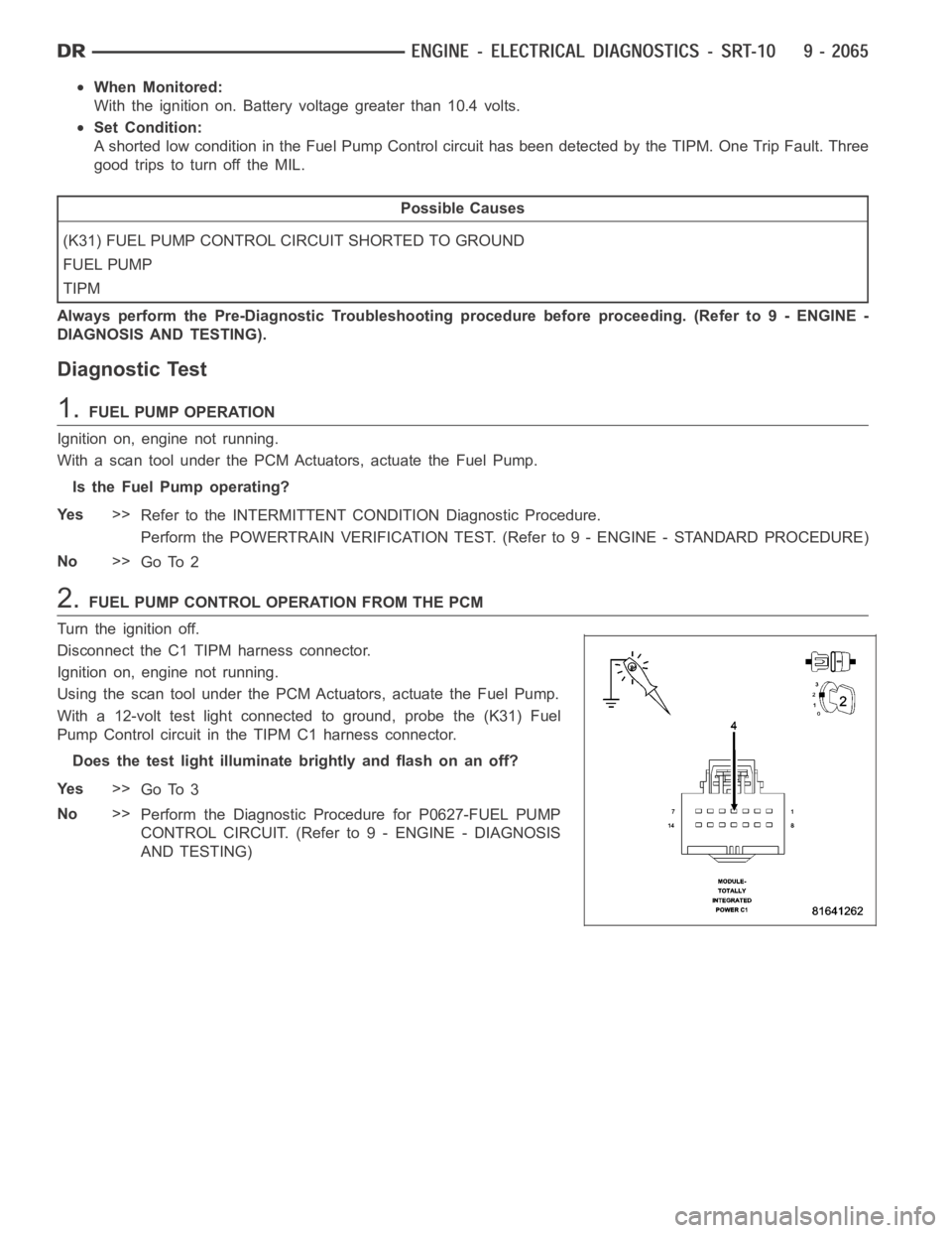 DODGE RAM SRT-10 2006  Service Repair Manual When Monitored:
With the ignition on. Battery voltage greater than 10.4 volts.
Set Condition:
A shorted low condition in the Fuel Pump Control circuit has been detected by the TIPM. One Trip Fault. Th