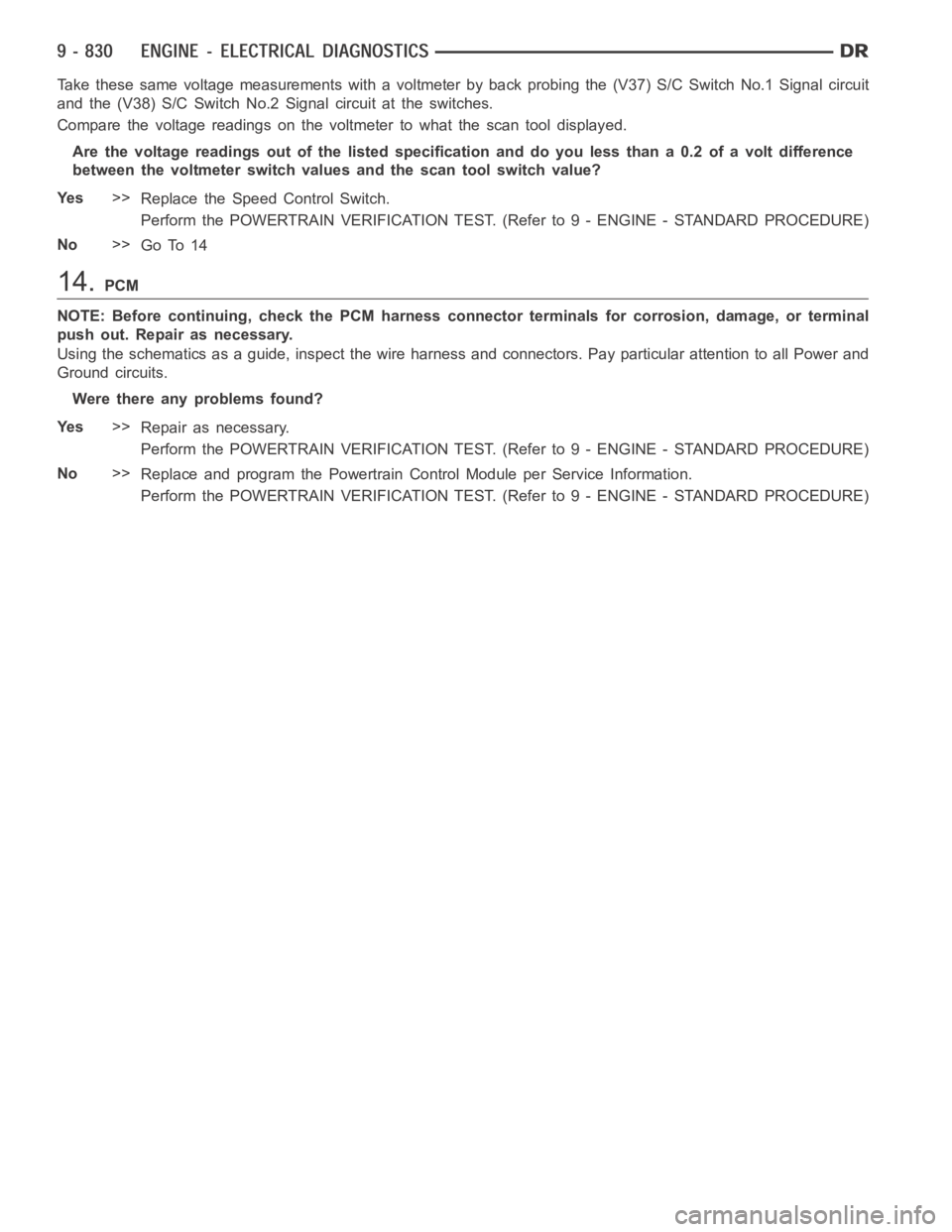 DODGE RAM SRT-10 2006  Service Service Manual Take these same voltage measurements with a voltmeter by back probing the (V37) S/C Switch No.1 Signal circuit
and the (V38) S/C Switch No.2 Signal circuit at the switches.
Compare the voltage reading