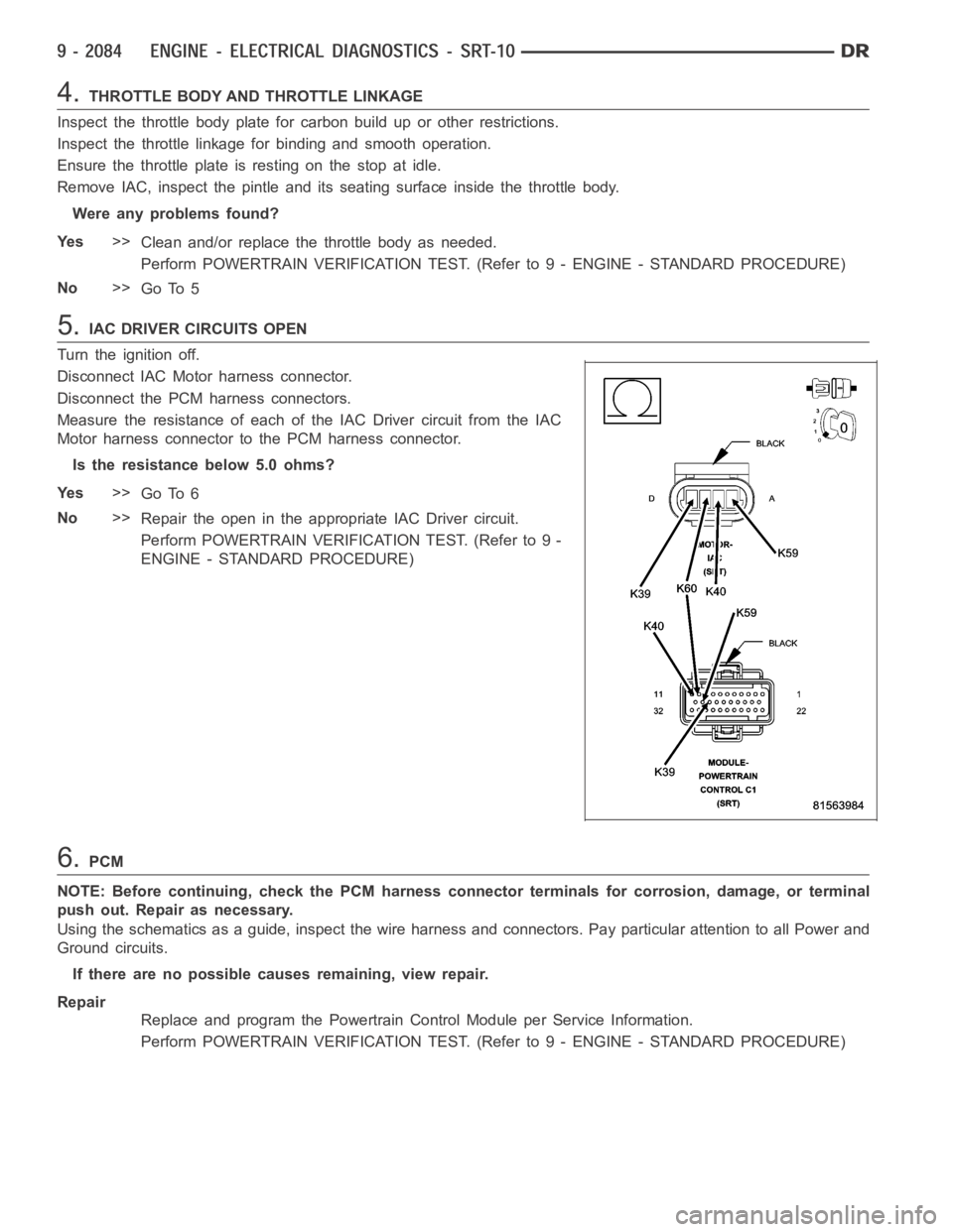 DODGE RAM SRT-10 2006  Service Repair Manual 4.THROTTLE BODY AND THROTTLE LINKAGE
Inspect the throttle body plate for carbon build up or other restrictions.
Inspect the throttle linkage for binding and smooth operation.
Ensure the throttle plate