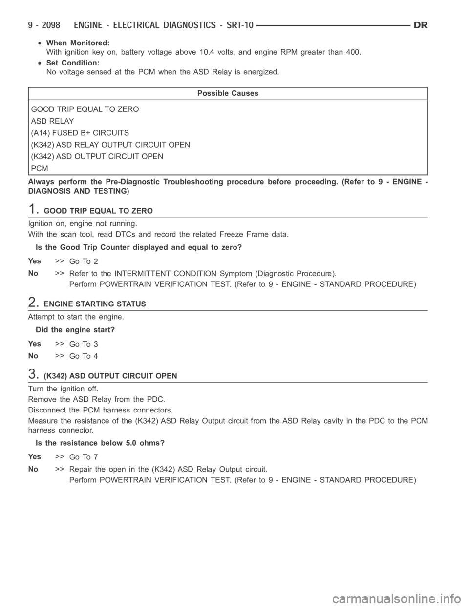 DODGE RAM SRT-10 2006  Service Repair Manual When Monitored:
With ignition key on, battery voltage above 10.4 volts, and engine RPM greater than 400.
Set Condition:
No voltage sensed at the PCM when the ASD Relay is energized.
Possible Causes
GO