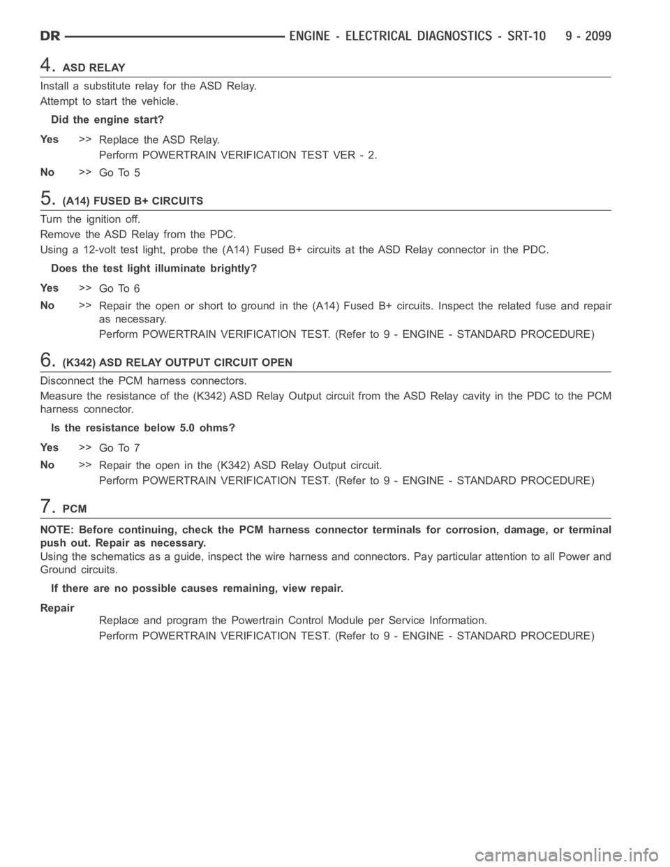 DODGE RAM SRT-10 2006  Service Repair Manual 4.ASD RELAY
Install a substitute relay for the ASD Relay.
Attempt to startthe vehicle.
Did the engine start?
Ye s>>
Replace the ASD Relay.
Perform POWERTRAIN VERIFICATION TEST VER - 2.
No>>
Go To 5
5.