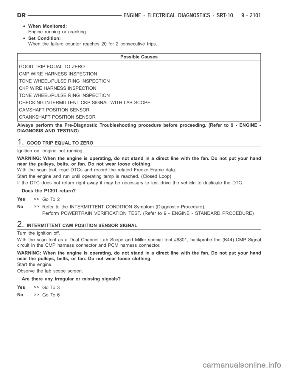 DODGE RAM SRT-10 2006  Service Repair Manual When Monitored:
Engine running or cranking.
Set Condition:
When the failure counter reaches 20 for 2 consecutive trips.
Possible Causes
GOOD TRIP EQUAL TO ZERO
CMP WIRE HARNESS INSPECTION
TONE WHEEL/P