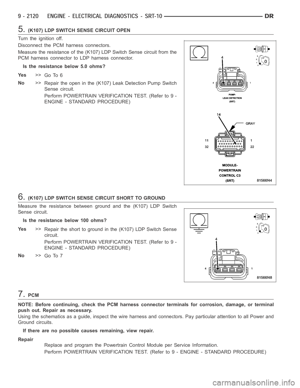 DODGE RAM SRT-10 2006  Service Repair Manual 5.(K107) LDP SWITCH SENSE CIRCUIT OPEN
Turn the ignition off.
Disconnect the PCM harness connectors.
Measure the resistance of the (K107) LDP Switch Sense circuit from the
PCM harness connector to LDP