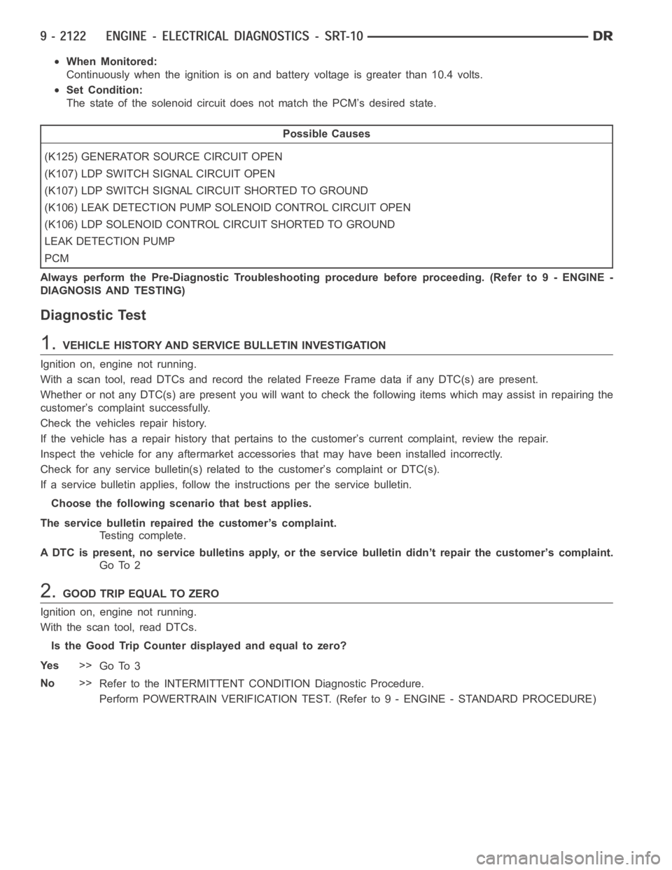 DODGE RAM SRT-10 2006  Service Repair Manual When Monitored:
Continuously when the ignition is on and battery voltage is greater than 10.4 volts.
Set Condition:
The state of the solenoid circuit does not match the PCM’s desired state.
Possible