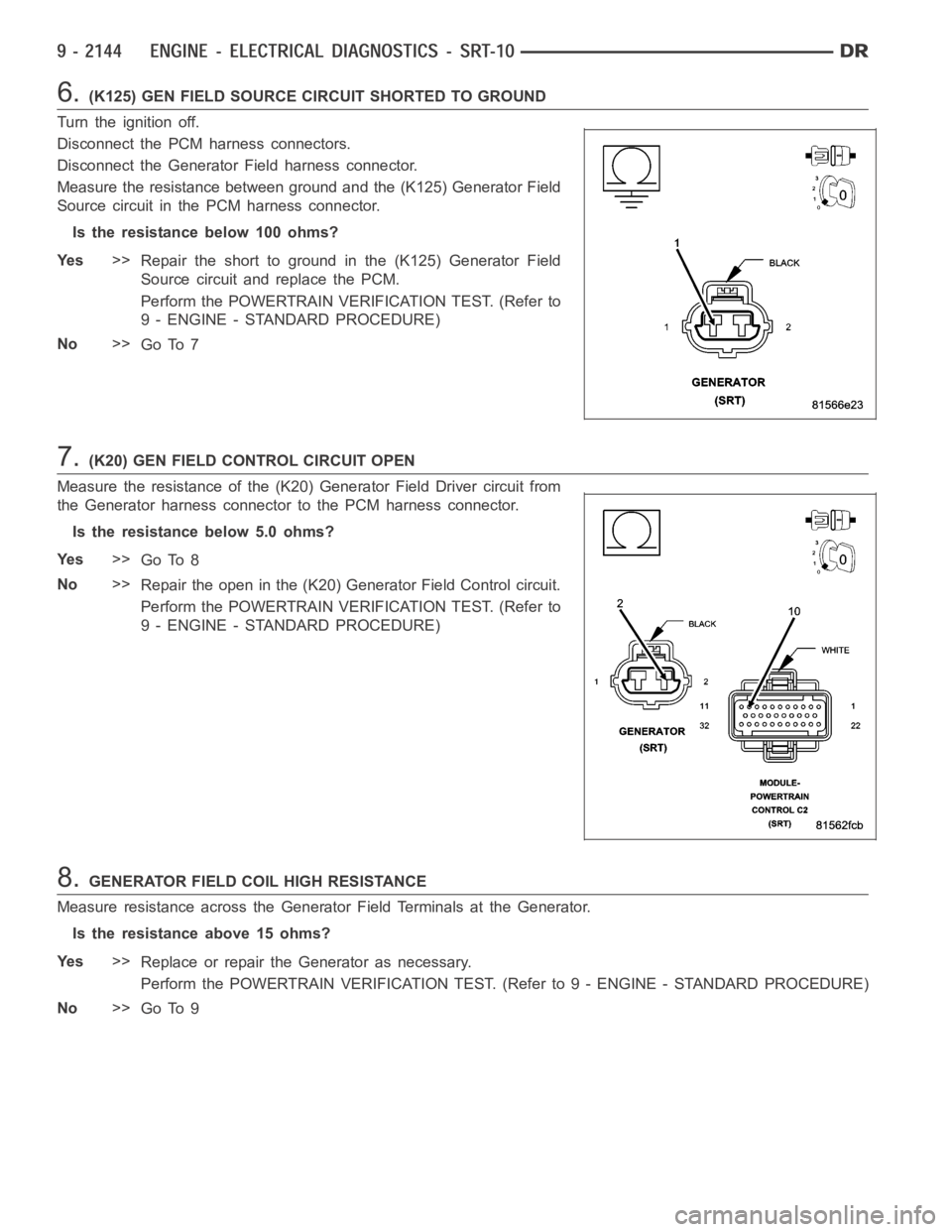 DODGE RAM SRT-10 2006  Service Repair Manual 6.(K125) GEN FIELD SOURCE CIRCUIT SHORTED TO GROUND
Turn the ignition off.
Disconnect the PCM harness connectors.
Disconnect the Generator Field harness connector.
Measure the resistance between groun