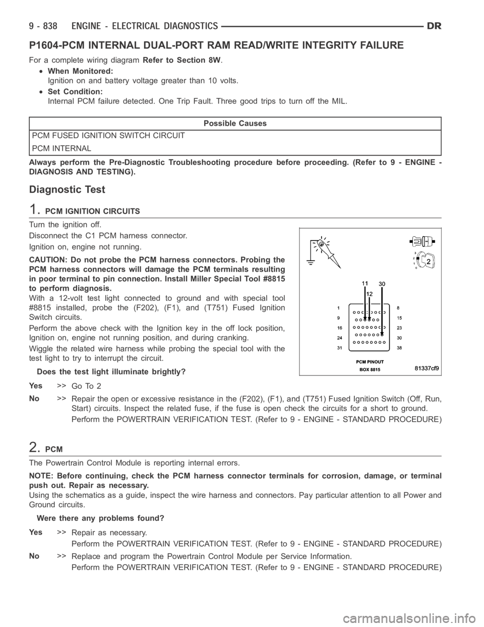 DODGE RAM SRT-10 2006  Service Service Manual P1604-PCM INTERNAL DUAL-PORT RAM READ/WRITE INTEGRITY FAILURE
For a complete wiring diagramRefer to Section 8W.
When Monitored:
Ignition on and battery voltage greater than 10 volts.
Set Condition:
In