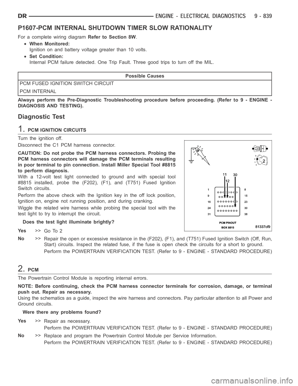 DODGE RAM SRT-10 2006  Service Service Manual P1607-PCM INTERNAL SHUTDOWN TIMER SLOW RATIONALITY
For a complete wiring diagramRefer to Section 8W.
When Monitored:
Ignition on and battery voltage greater than 10 volts.
Set Condition:
Internal PCM 