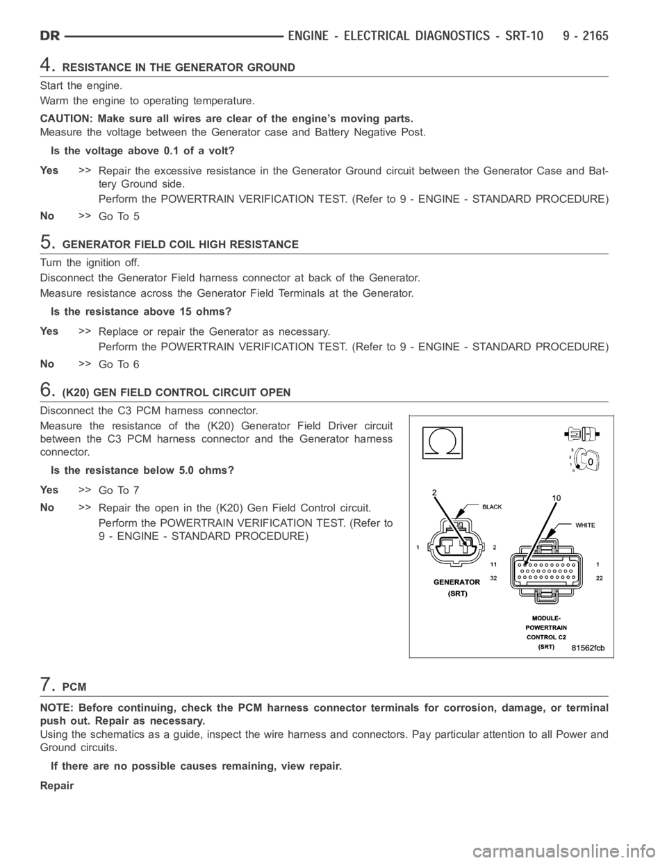 DODGE RAM SRT-10 2006  Service Repair Manual 4.RESISTANCE IN THE GENERATOR GROUND
Start the engine.
Warm the engine to operating temperature.
CAUTION: Make sure all wires are clear of the engine’s moving parts.
Measure the voltage between the 