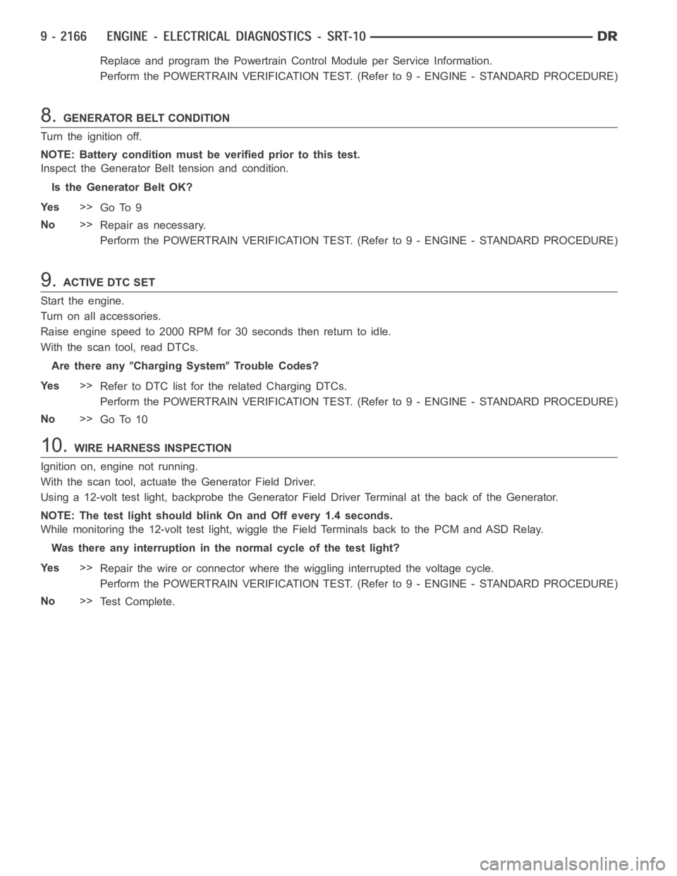 DODGE RAM SRT-10 2006  Service Repair Manual Replace and program the Powertrain Control Module per Service Information.
Perform the POWERTRAIN VERIFICATION TEST. (Refer to 9 - ENGINE - STANDARD PROCEDURE)
8.GENERATOR BELT CONDITION
Turn the igni