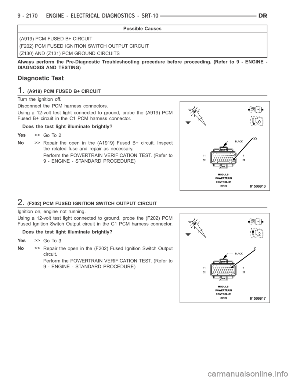 DODGE RAM SRT-10 2006  Service Repair Manual Possible Causes
(A919) PCM FUSED B+ CIRCUIT
(F202) PCM FUSED IGNITION SWITCH OUTPUT CIRCUIT
(Z130) AND (Z131) PCM GROUND CIRCUITS
Always perform the Pre-Diagnostic Troubleshooting procedure before pro