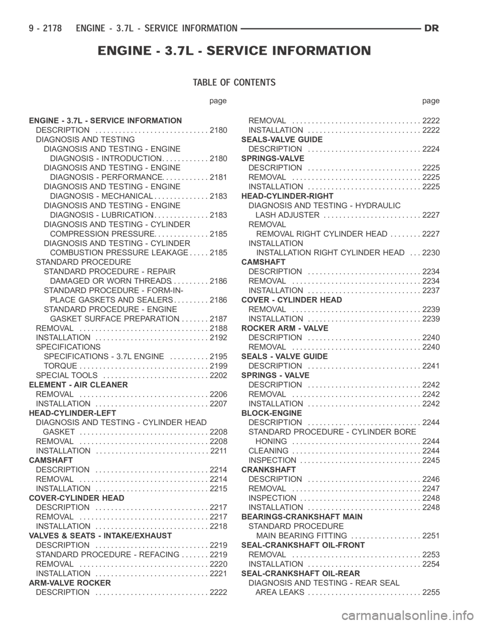 DODGE RAM SRT-10 2006  Service Repair Manual page page
ENGINE - 3.7L - SERVICE INFORMATION
DESCRIPTION ............................. 2180
DIAGNOSIS AND TESTING
DIAGNOSIS AND TESTING - ENGINE
DIAGNOSIS - INTRODUCTION............. 2180
DIAGNOSIS A