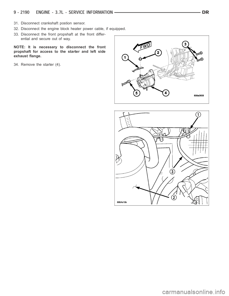 DODGE RAM SRT-10 2006  Service Repair Manual 31. Disconnect crankshaft postion sensor.
32. Disconnect the engine block heater power cable, if equipped.
33. Disconnect the front propshaft at the front differ-
ential and secure out of way.
NOTE: I