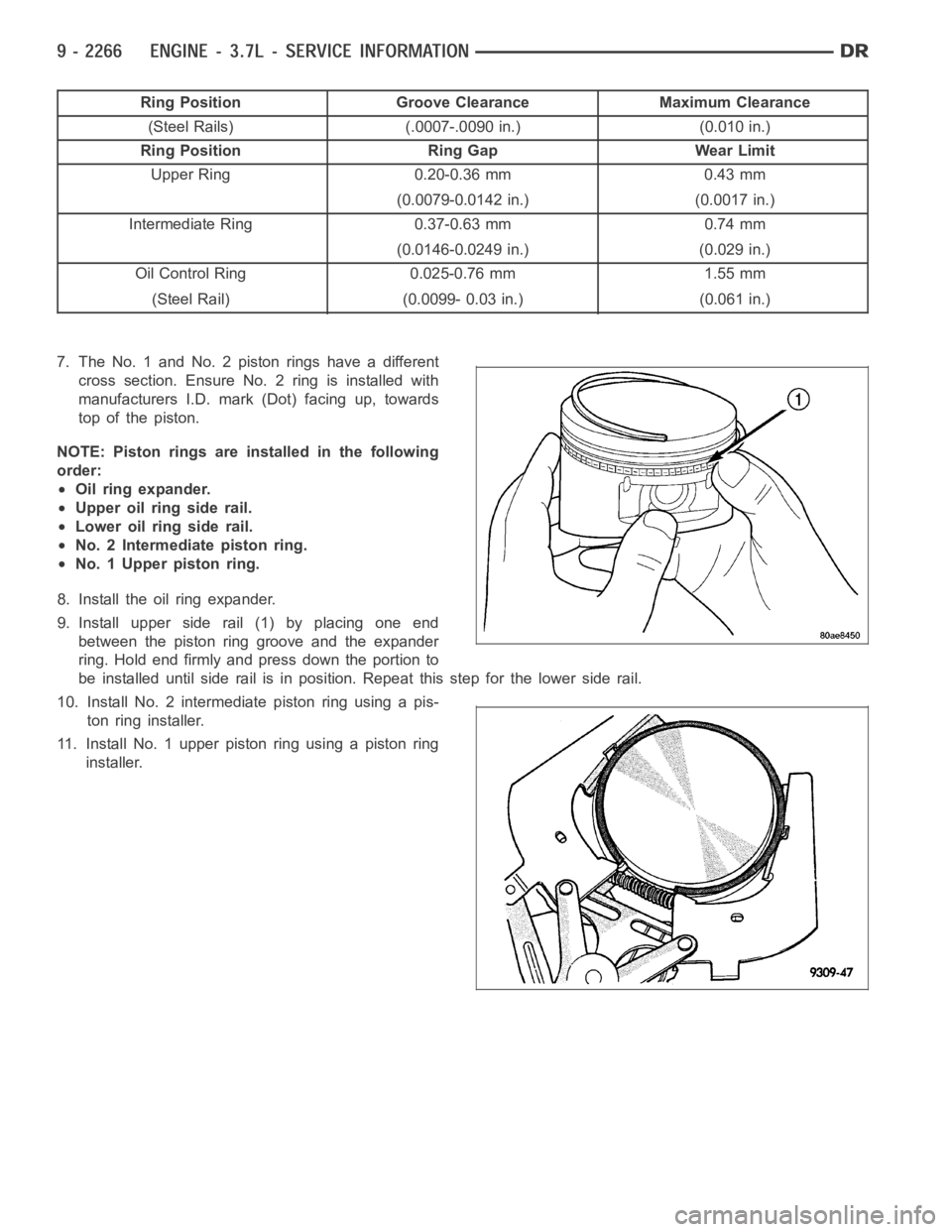 DODGE RAM SRT-10 2006  Service Repair Manual Ring Position Groove Clearance Maximum Clearance
(Steel Rails) (.0007-.0090 in.) (0.010 in.)
Ring Position Ring Gap Wear Limit
Upper Ring 0.20-0.36 mm 0.43 mm
(0.0079-0.0142 in.) (0.0017 in.)
Intermed