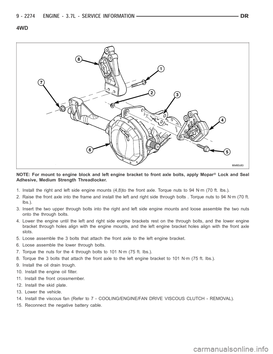 DODGE RAM SRT-10 2006  Service Repair Manual 4WD
NOTE: For mount to engine block and left engine bracket to front axle bolts,apply MoparLock and Seal
Adhesive, Medium Strength Threadlocker.
1. Install the right and left side engine mounts (4,8)t