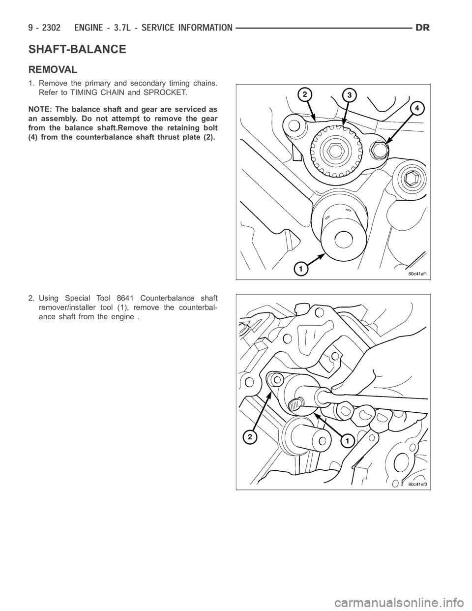 DODGE RAM SRT-10 2006 Service Repair Manual SHAFT-BALANCE
REMOVAL
1. Remove the primary and secondary timing chains.
Refer to TIMING CHAIN and SPROCKET.
NOTE: The balance shaft and gear are serviced as
an assembly. Do not attempt to remove the DODGE RAM SRT-10 2006 Service Repair Manual SHAFT-BALANCE
REMOVAL
1. Remove the primary and secondary timing chains.
Refer to TIMING CHAIN and SPROCKET.
NOTE: The balance shaft and gear are serviced as
an assembly. Do not attempt to remove the